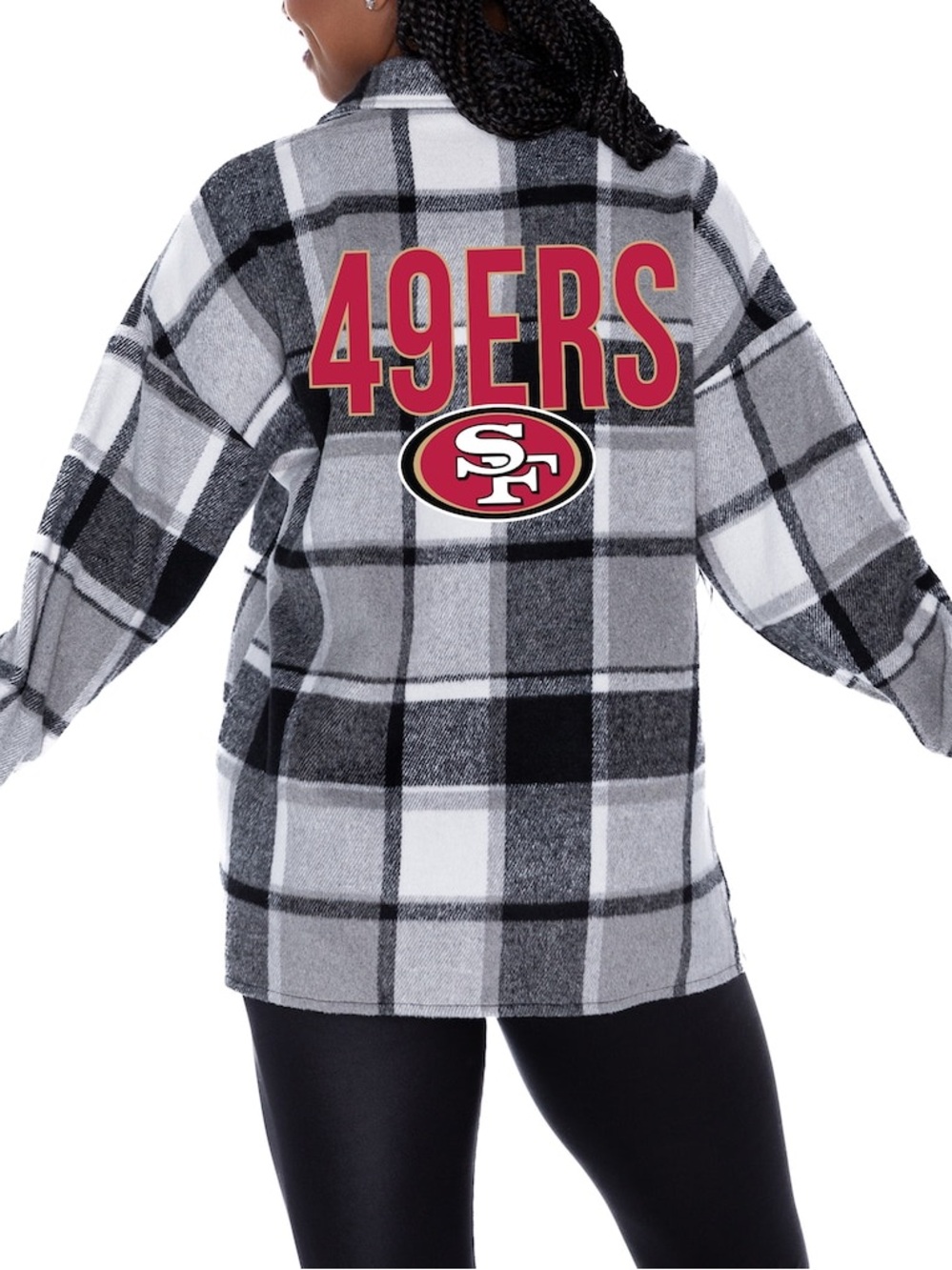 Fanatics NFL Women's San Francisco 49ers Gameday Gray Plaid Button-Up Overshirt - Picture 3 of 3